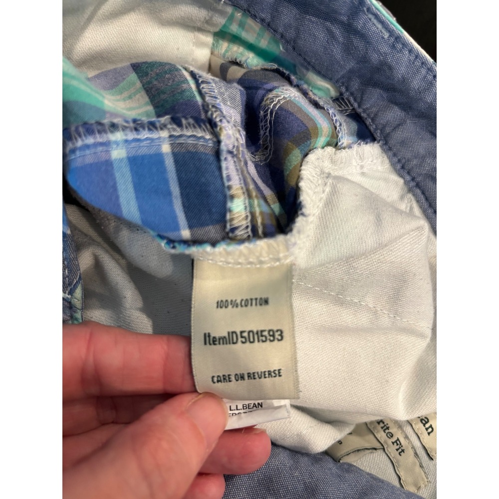 LL Bean Favorite Fit Patchwork Madras Shorts Blue Green Plaid Cotton Womens 20 - Picture 7 of 9